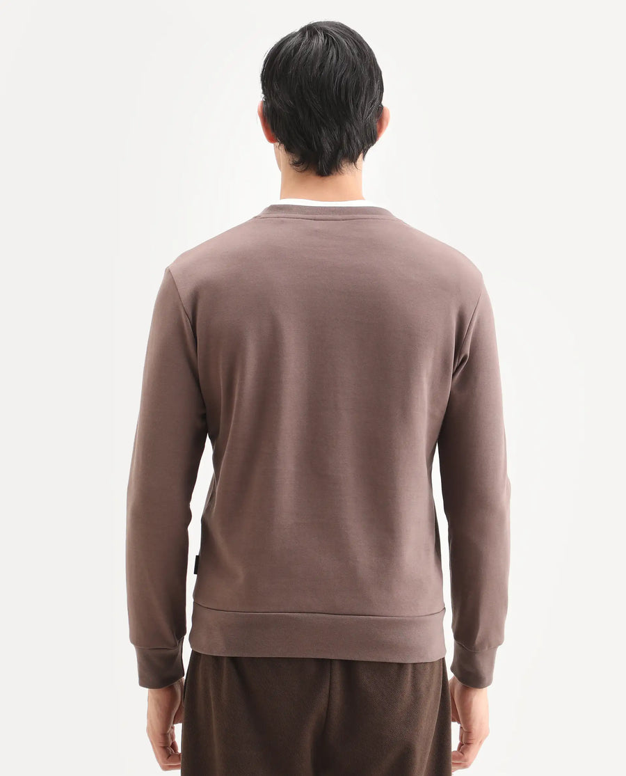 Rare Rabbit Men's Badget-25 Dusky Brown Cotton Blend Badge Print Regular Fit Full Sleeve Crew Neck Sweatshirt
