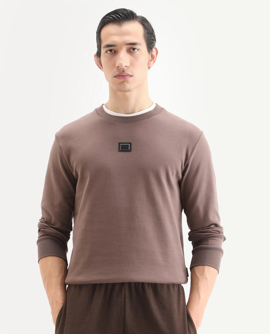 Rare Rabbit Men's Badget-25 Dusky Brown Cotton Blend Badge Print Regular Fit Full Sleeve Crew Neck Sweatshirt
