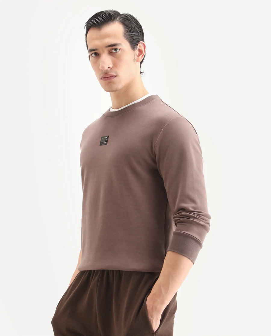 Rare Rabbit Men's Badget-25 Dusky Brown Cotton Blend Badge Print Regular Fit Full Sleeve Crew Neck Sweatshirt
