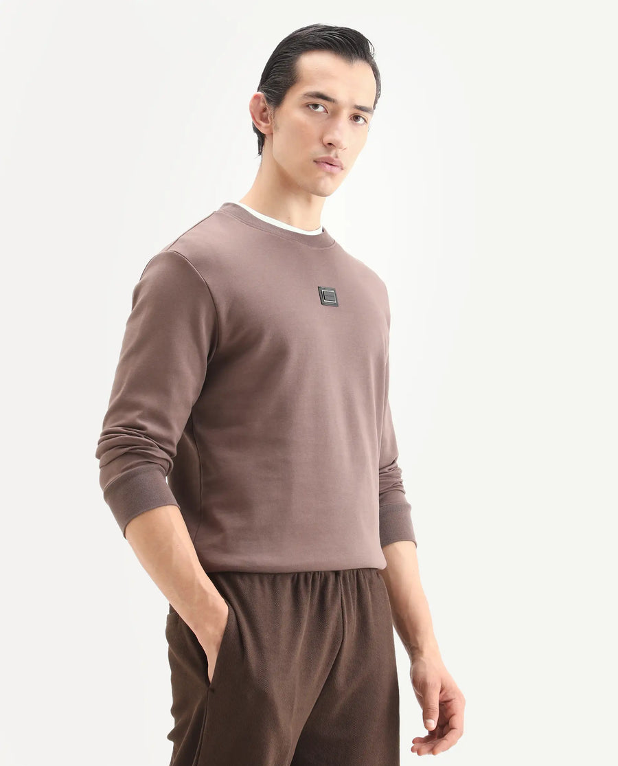 Rare Rabbit Men's Badget-25 Dusky Brown Cotton Blend Badge Print Regular Fit Full Sleeve Crew Neck Sweatshirt