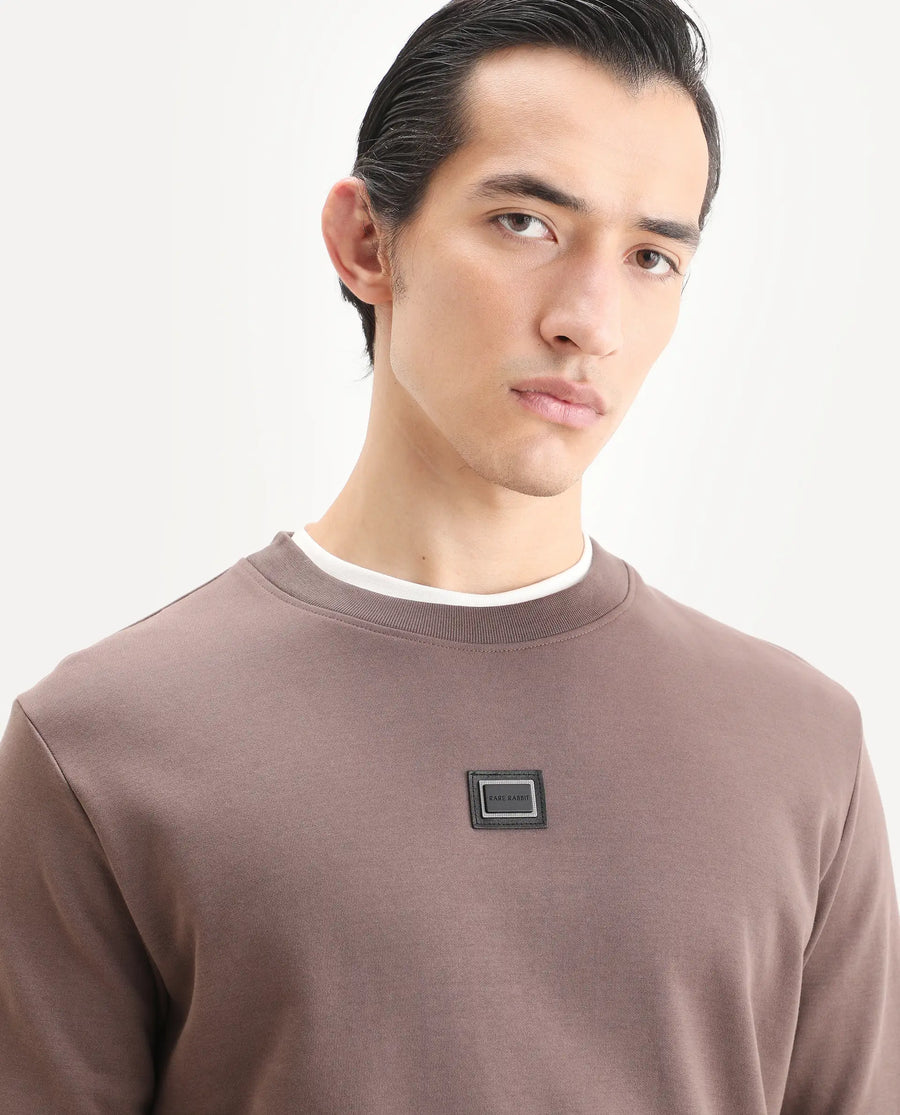 Rare Rabbit Men's Badget-25 Dusky Brown Cotton Blend Badge Print Regular Fit Full Sleeve Crew Neck Sweatshirt