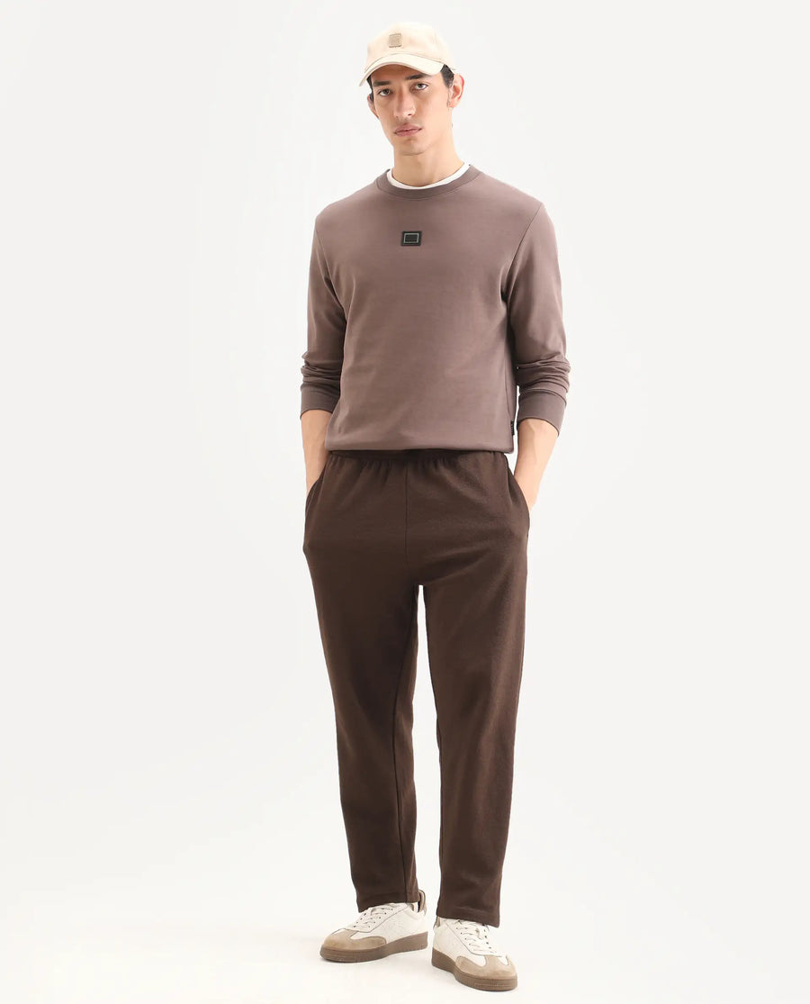 Rare Rabbit Men's Badget-25 Dusky Brown Cotton Blend Badge Print Regular Fit Full Sleeve Crew Neck Sweatshirt