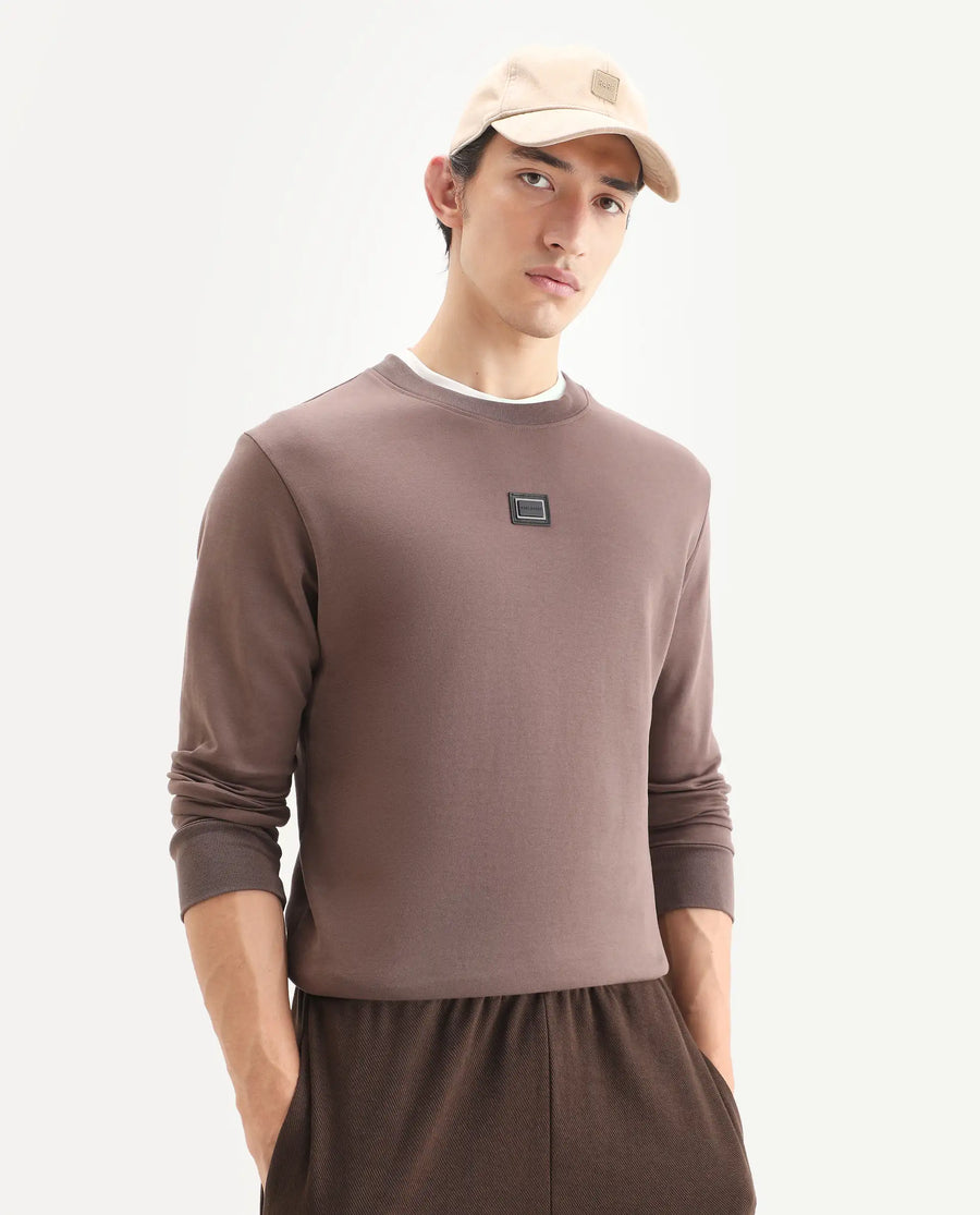 Rare Rabbit Men's Badget-25 Dusky Brown Cotton Blend Badge Print Regular Fit Full Sleeve Crew Neck Sweatshirt