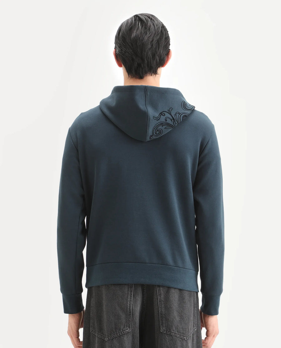 Rare Rabbit Men's Caig Dark Teal Cotton Blend Graphic Print Regular Fit Full Sleeve Hooded Sweatshirt