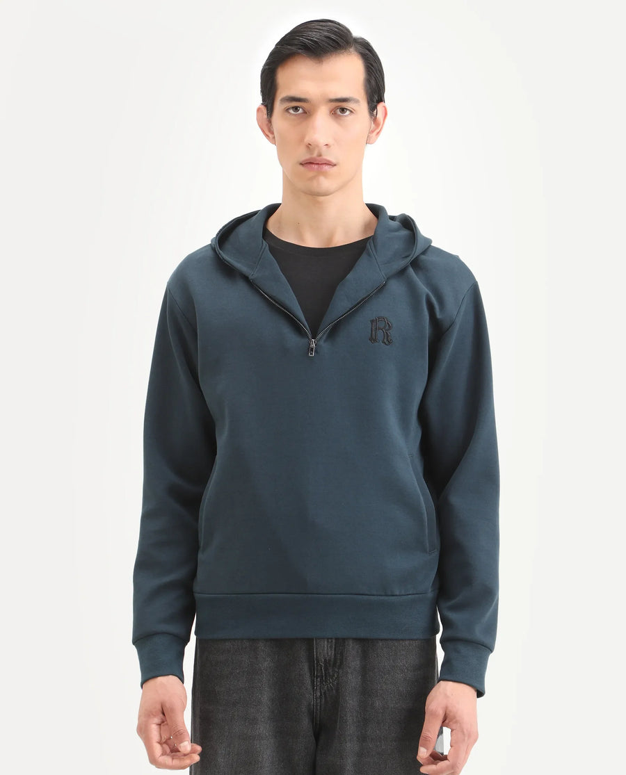 Rare Rabbit Men's Caig Dark Teal Cotton Blend Graphic Print Regular Fit Full Sleeve Hooded Sweatshirt