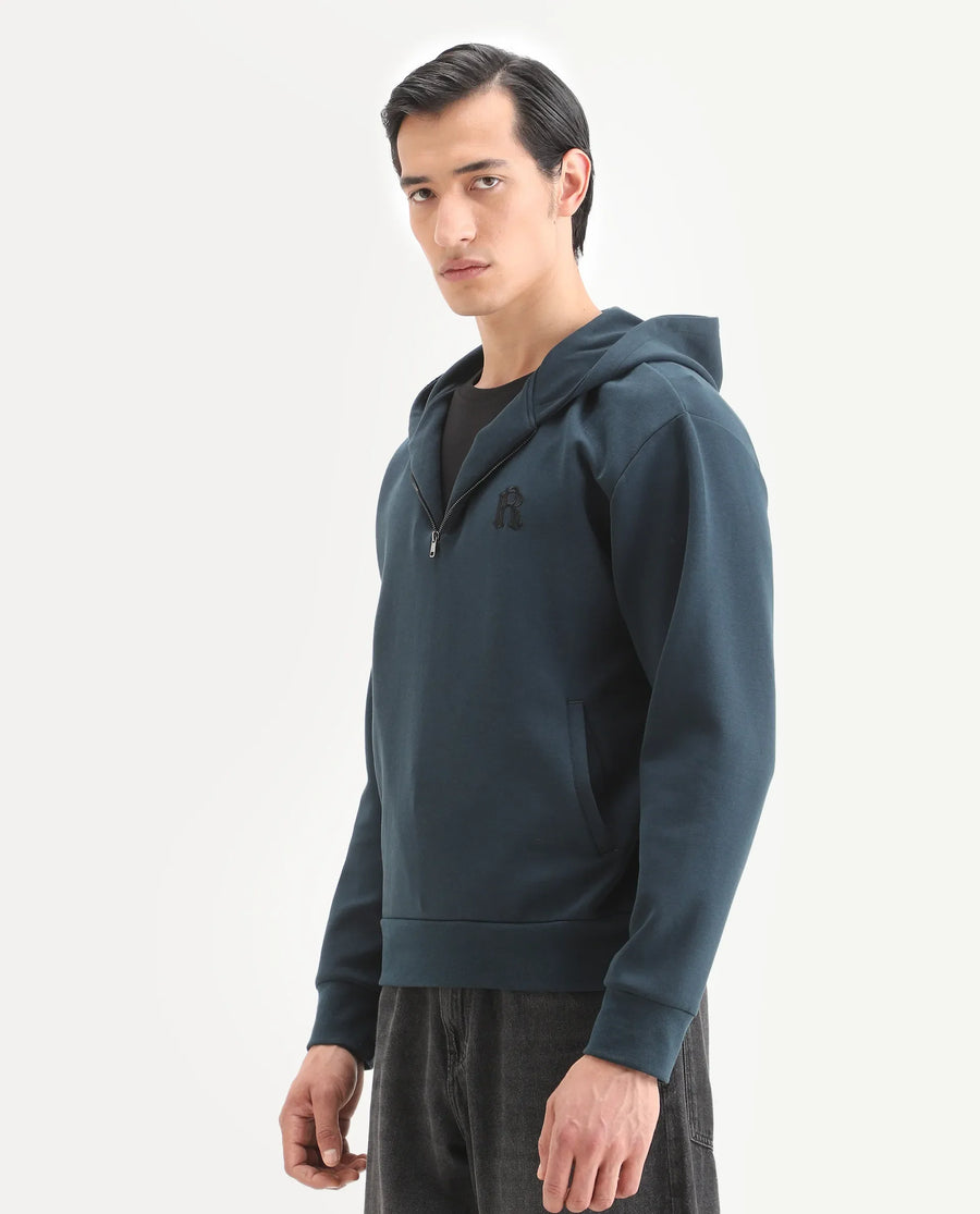 Rare Rabbit Men's Caig Dark Teal Cotton Blend Graphic Print Regular Fit Full Sleeve Hooded Sweatshirt