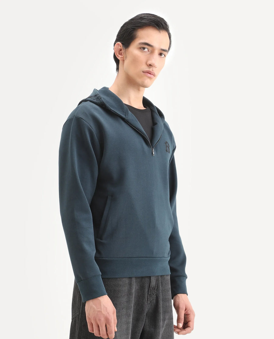 Rare Rabbit Men's Caig Dark Teal Cotton Blend Graphic Print Regular Fit Full Sleeve Hooded Sweatshirt
