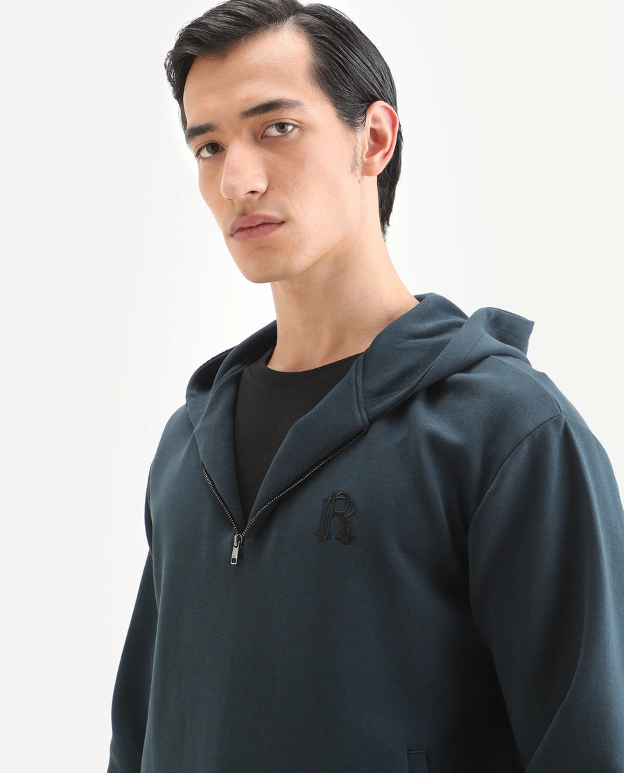 Rare Rabbit Men's Caig Dark Teal Cotton Blend Graphic Print Regular Fit Full Sleeve Hooded Sweatshirt