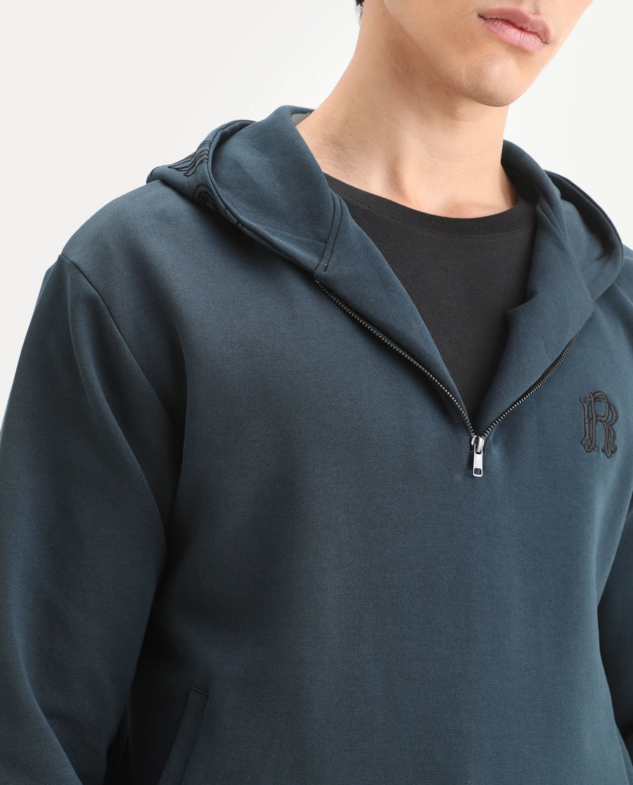 Rare Rabbit Men's Caig Dark Teal Cotton Blend Graphic Print Regular Fit Full Sleeve Hooded Sweatshirt