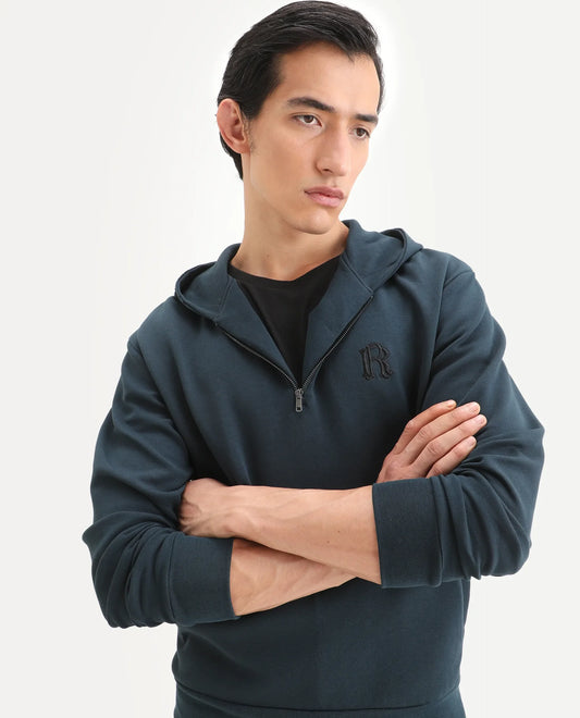 Rare Rabbit Men's Caig Dark Teal Cotton Blend Graphic Print Regular Fit Full Sleeve Hooded Sweatshirt