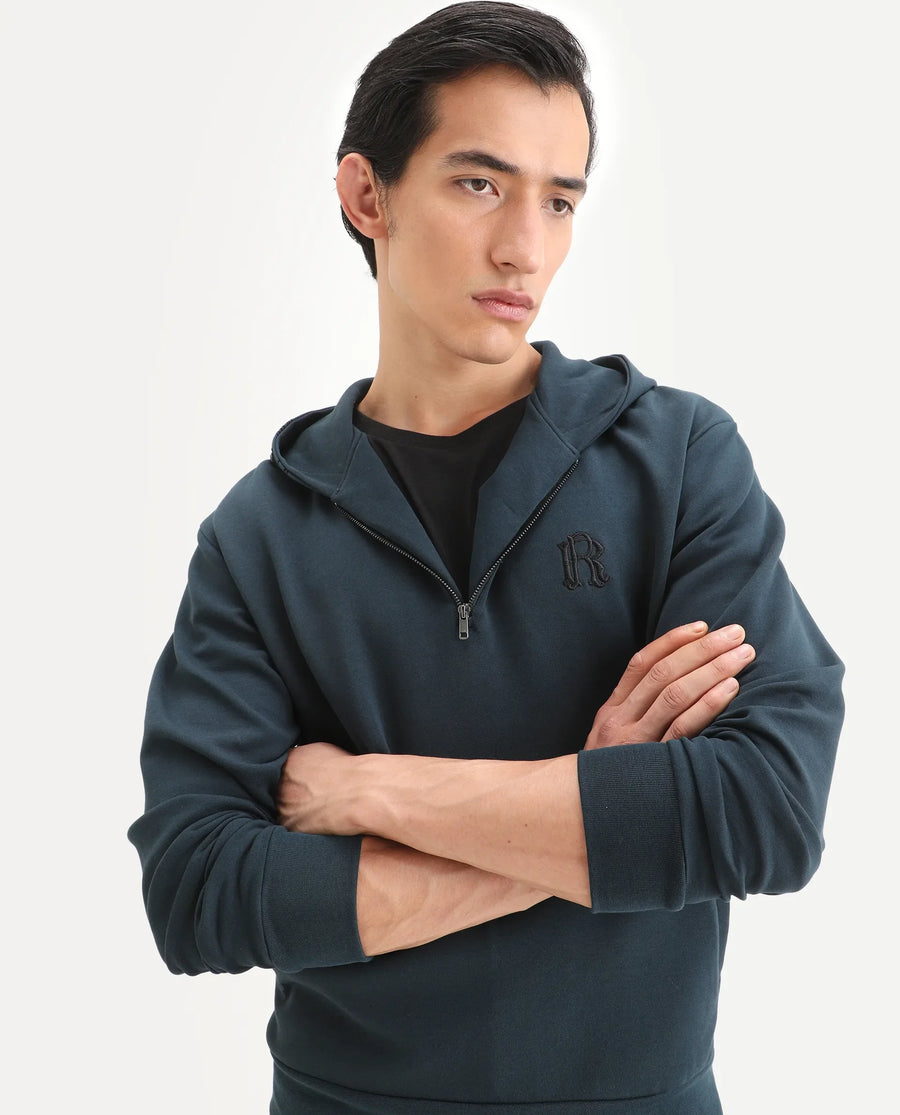 Rare Rabbit Men's Caig Dark Teal Cotton Blend Graphic Print Regular Fit Full Sleeve Hooded Sweatshirt