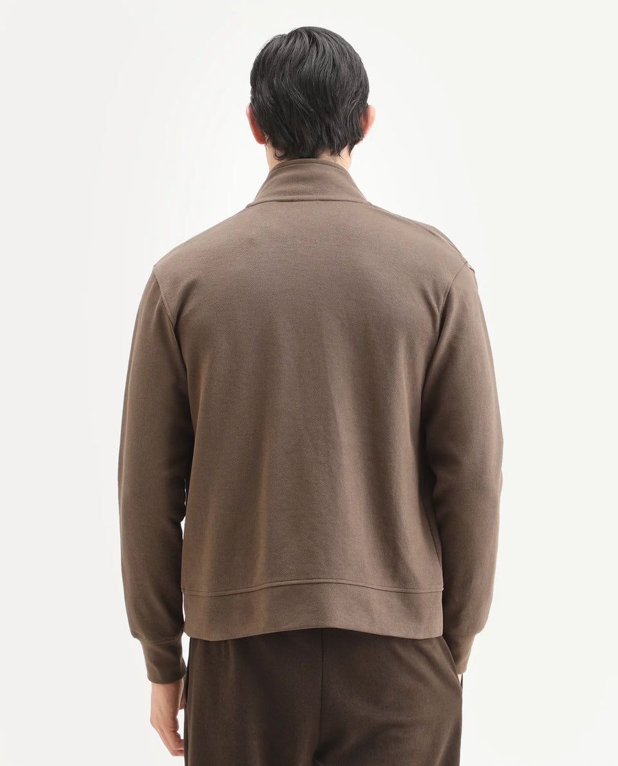 Rare Rabbit Men's Costo-J Dark Beige Polyester Blend Plain Relaxed Fit Full Sleeve High Neck Sweatshirt