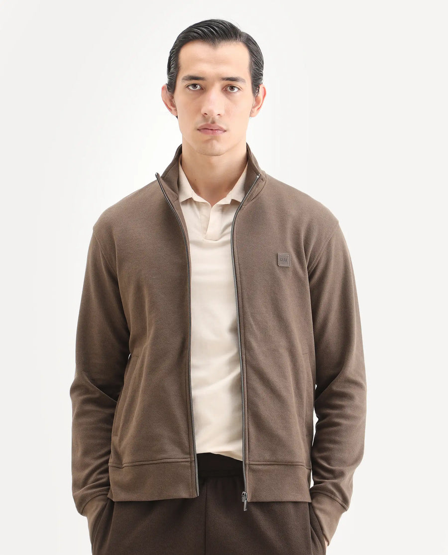 Rare Rabbit Men's Costo-J Dark Beige Polyester Blend Plain Relaxed Fit Full Sleeve High Neck Sweatshirt