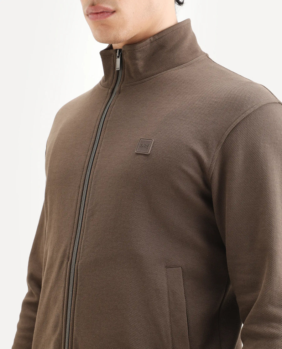 Rare Rabbit Men's Costo-J Dark Beige Polyester Blend Plain Relaxed Fit Full Sleeve High Neck Sweatshirt