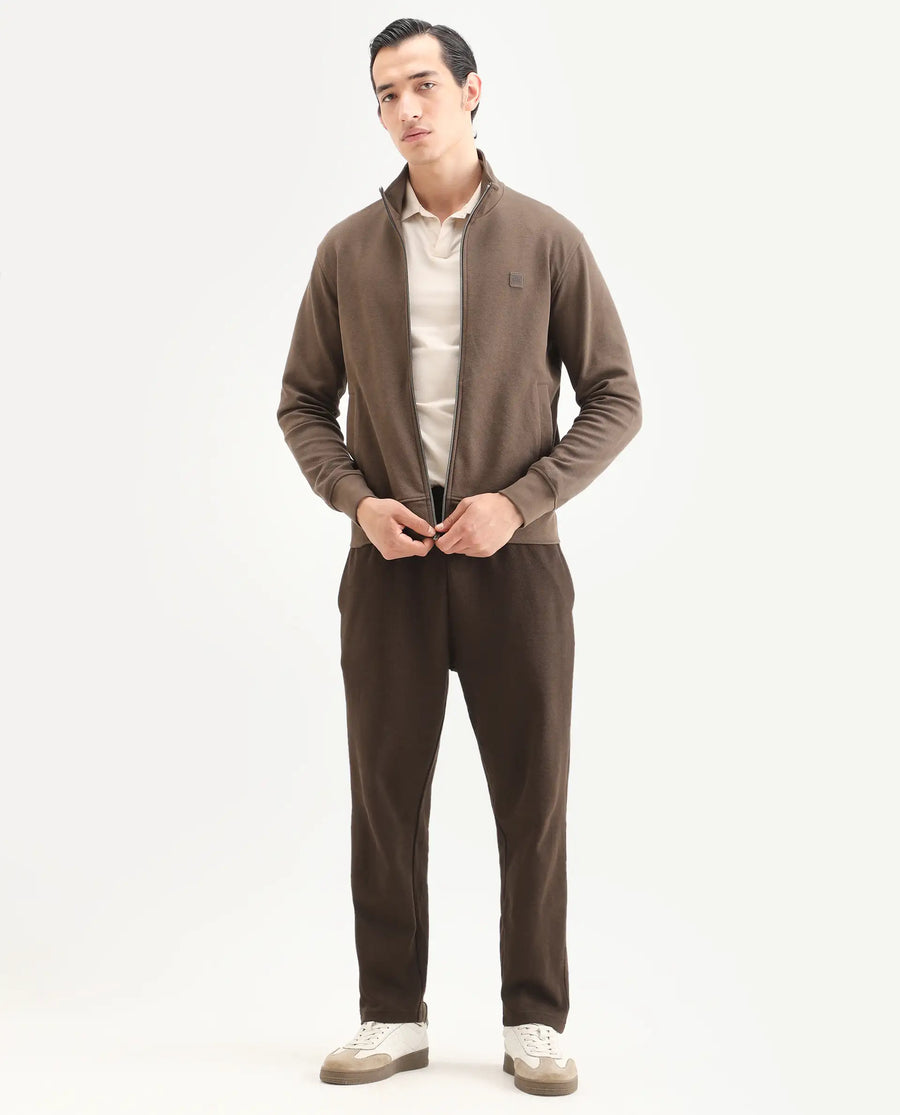 Rare Rabbit Men's Costo-J Dark Beige Polyester Blend Plain Relaxed Fit Full Sleeve High Neck Sweatshirt