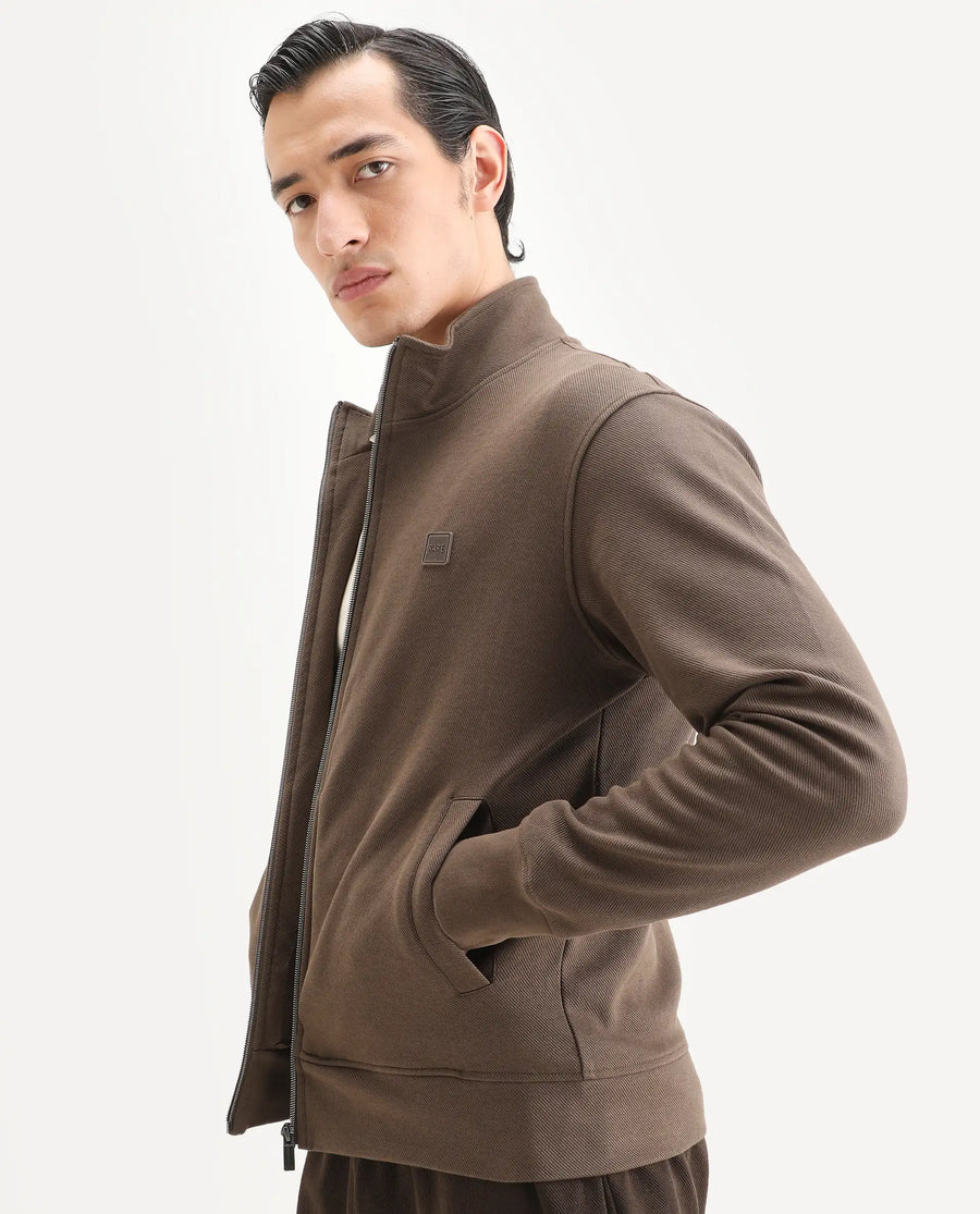 Rare Rabbit Men's Costo-J Dark Beige Polyester Blend Plain Relaxed Fit Full Sleeve High Neck Sweatshirt