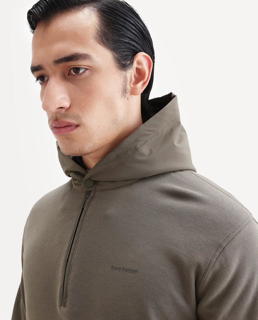 Rare Rabbit Men's Ephin-T Dark Olive Cotton Blend Plain Regular Fit Full Sleeve Hooded Sweatshirt
