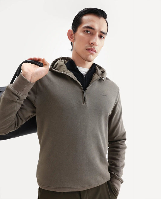 Rare Rabbit Men's Ephin-T Dark Olive Cotton Blend Plain Regular Fit Full Sleeve Hooded Sweatshirt
