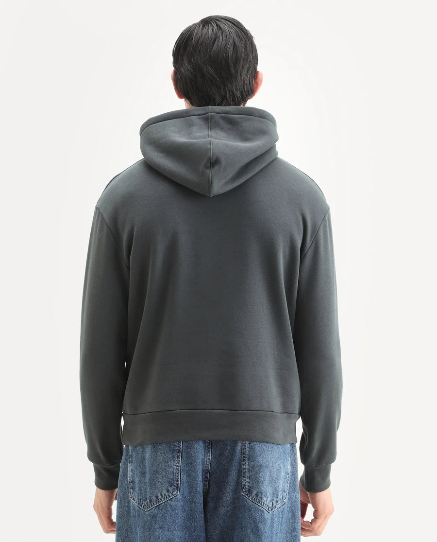 Rare Rabbit Men's Nexa Dark Grey Cotton Blend Graphic Print Relaxed Fit Full Sleeve Hooded Sweatshirt