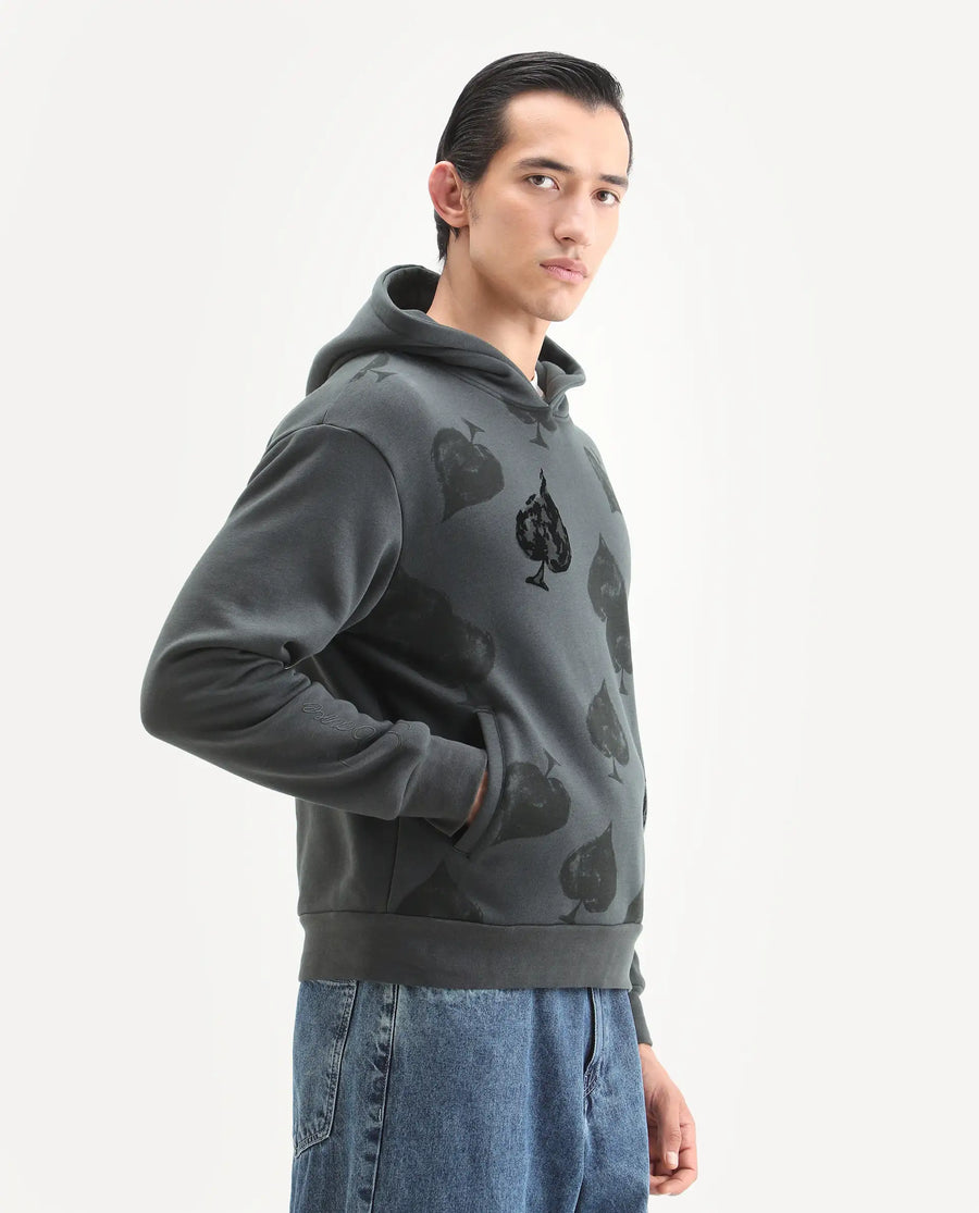 Rare Rabbit Men's Nexa Dark Grey Cotton Blend Graphic Print Relaxed Fit Full Sleeve Hooded Sweatshirt