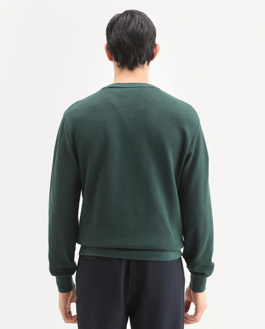 Rare Rabbit Men's Nial Dark Green Polyester Blend Plain Regular Fit Full Sleeve Crew Neck Sweatshirt