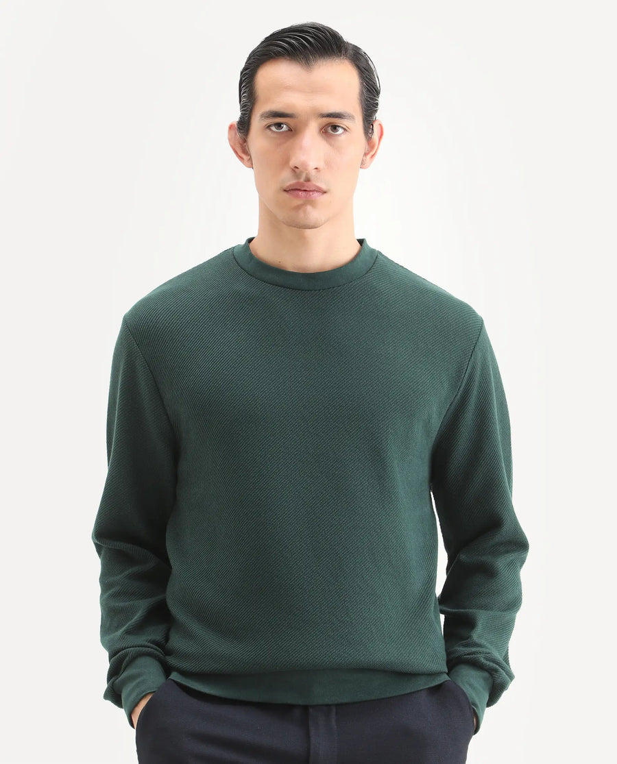 Rare Rabbit Men's Nial Dark Green Polyester Blend Plain Regular Fit Full Sleeve Crew Neck Sweatshirt