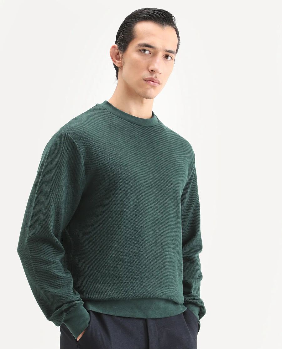 Rare Rabbit Men's Nial Dark Green Polyester Blend Plain Regular Fit Full Sleeve Crew Neck Sweatshirt