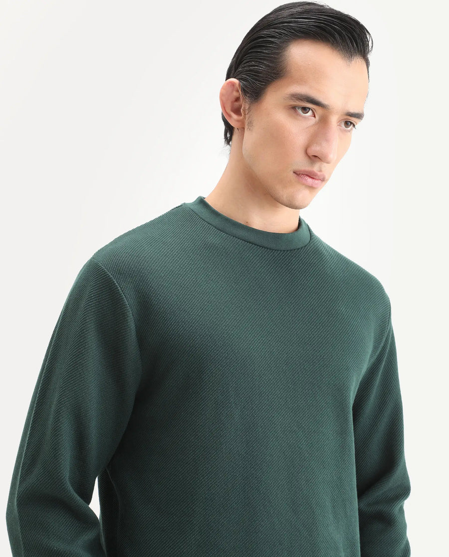 Rare Rabbit Men's Nial Dark Green Polyester Blend Plain Regular Fit Full Sleeve Crew Neck Sweatshirt