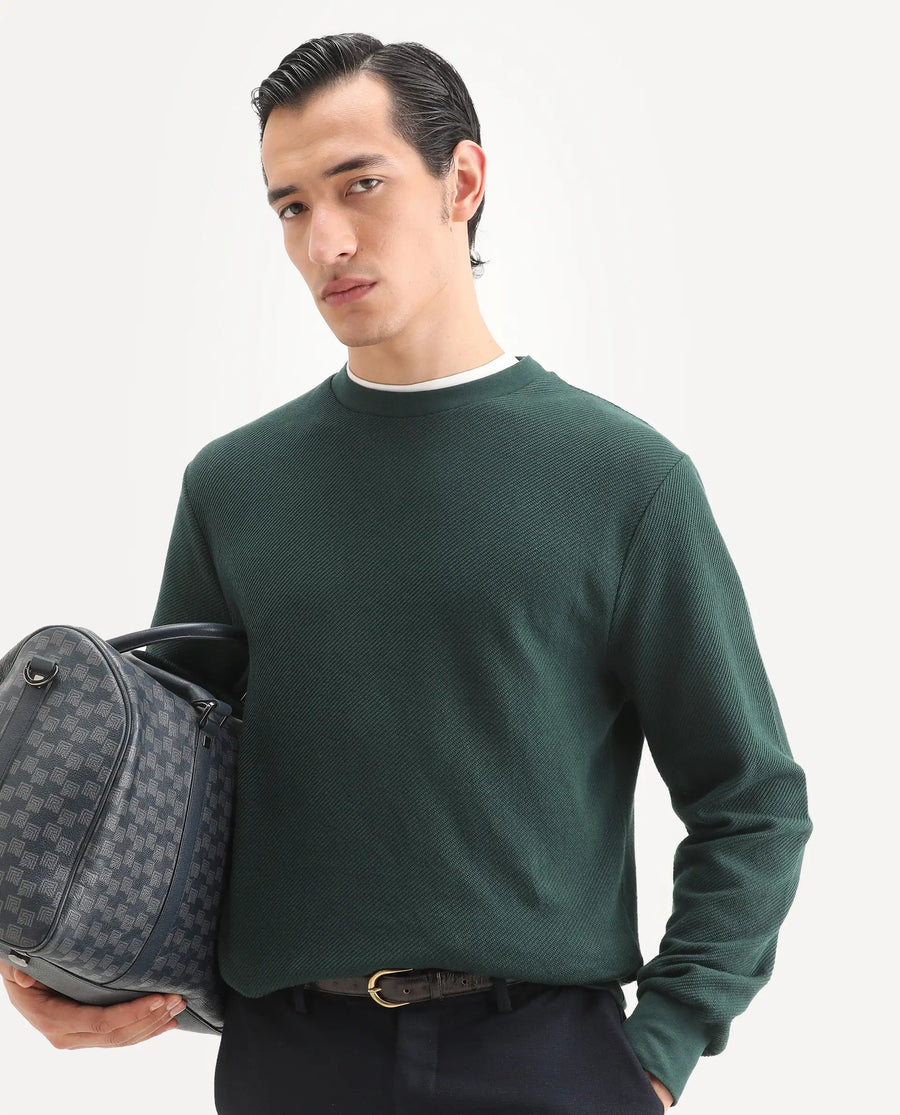 Rare Rabbit Men's Nial Dark Green Polyester Blend Plain Regular Fit Full Sleeve Crew Neck Sweatshirt