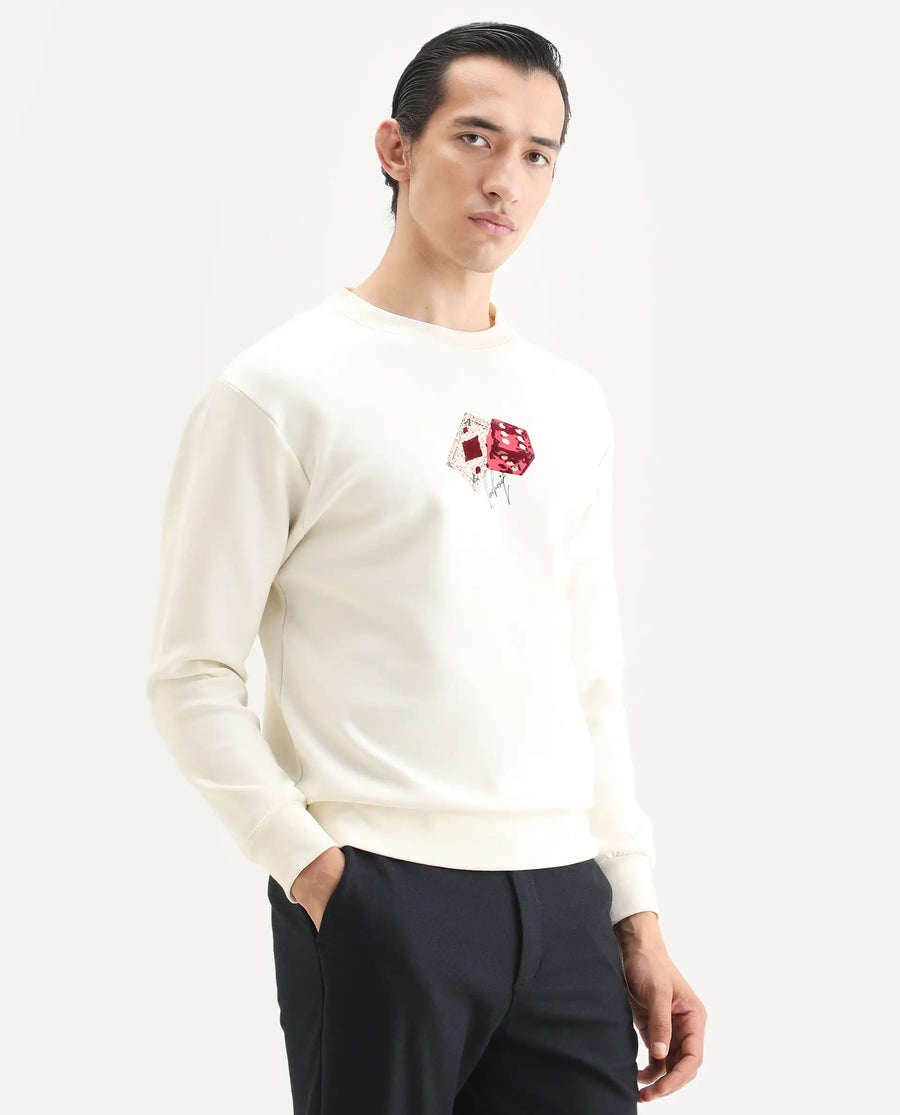 Rare Rabbit Men's Plex Off White Cotton Blend Graphic Print Relaxed Fit Full Sleeve Crew Neck Sweatshirt