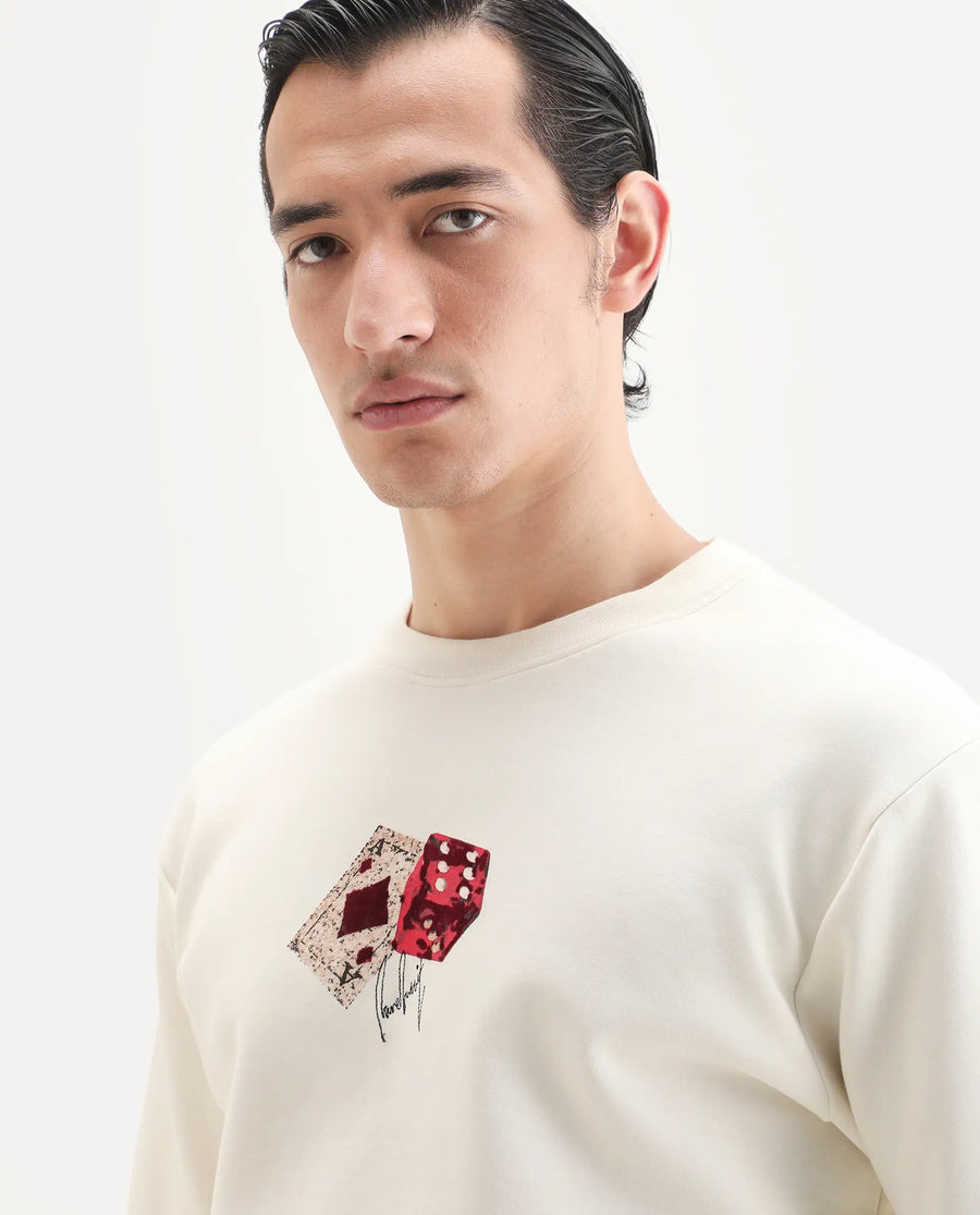 Rare Rabbit Men's Plex Off White Cotton Blend Graphic Print Relaxed Fit Full Sleeve Crew Neck Sweatshirt