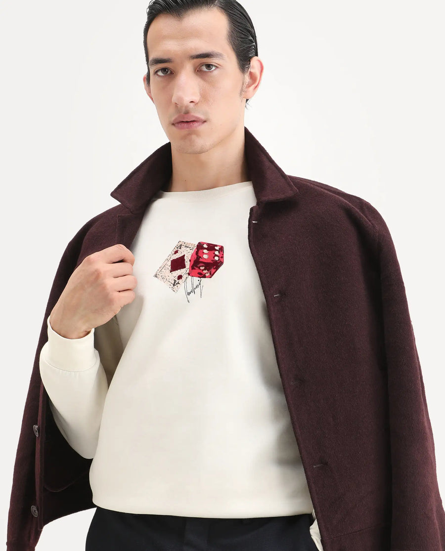 Rare Rabbit Men's Plex Off White Cotton Blend Graphic Print Relaxed Fit Full Sleeve Crew Neck Sweatshirt