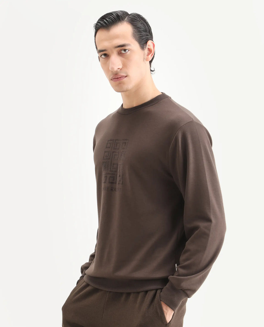 Rare Rabbit Men's Rexot Dusky Brown Modal Blend Typography Print Regular Fit Full Sleeve Crew Neck Sweatshirt