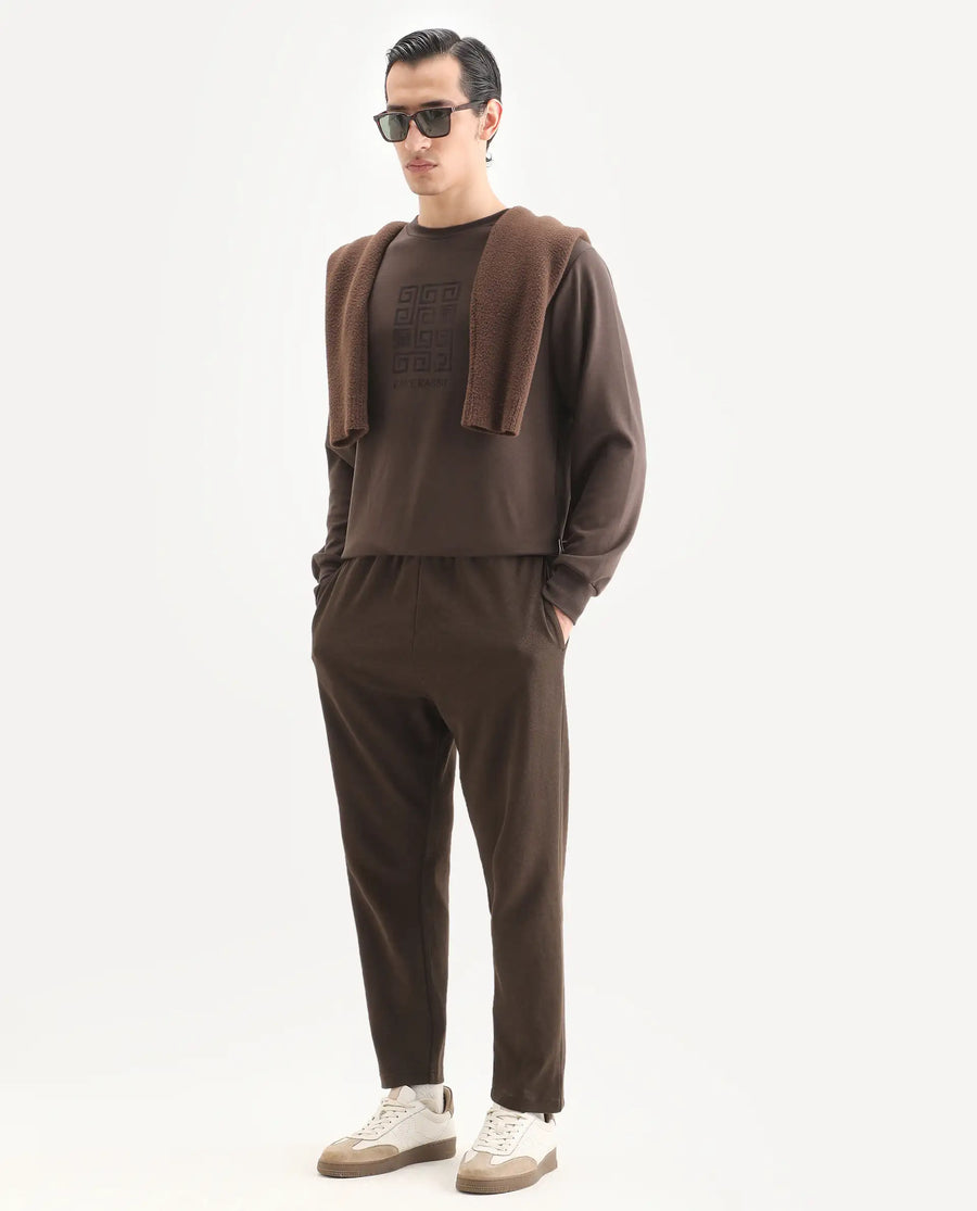 Rare Rabbit Men's Rexot Dusky Brown Modal Blend Typography Print Regular Fit Full Sleeve Crew Neck Sweatshirt