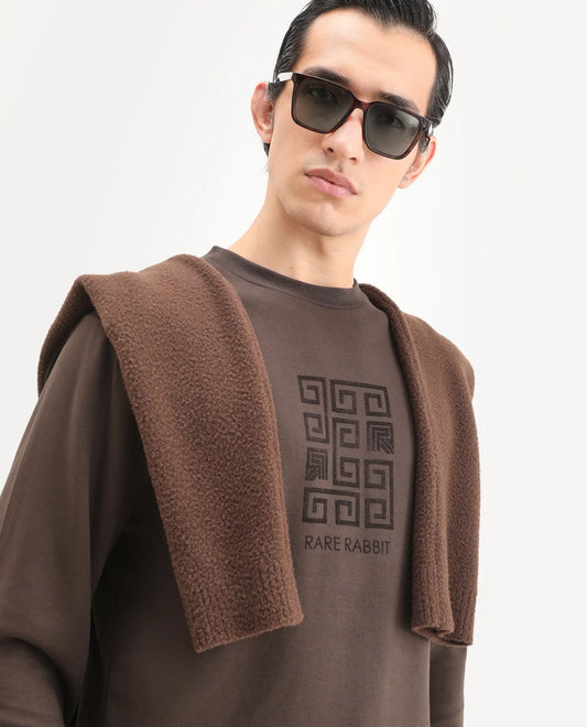 Rare Rabbit Men's Rexot Dusky Brown Modal Blend Typography Print Regular Fit Full Sleeve Crew Neck Sweatshirt