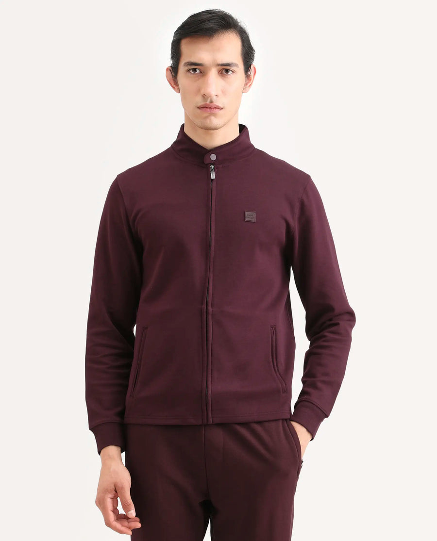 Rare Rabbit Men's Morris-25 Dark Maroon Cotton Blend Plain Regular Fit Full Sleeve Mandarin Collar Jacket