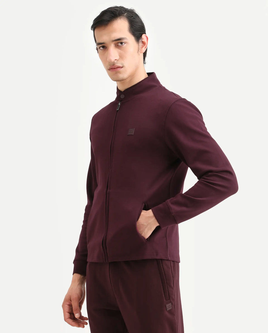 Rare Rabbit Men's Morris-25 Dark Maroon Cotton Blend Plain Regular Fit Full Sleeve Mandarin Collar Jacket