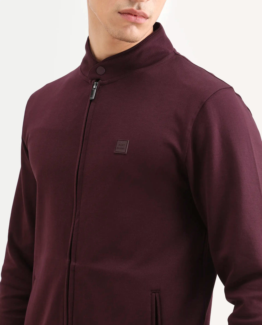 Rare Rabbit Men's Morris-25 Dark Maroon Cotton Blend Plain Regular Fit Full Sleeve Mandarin Collar Jacket