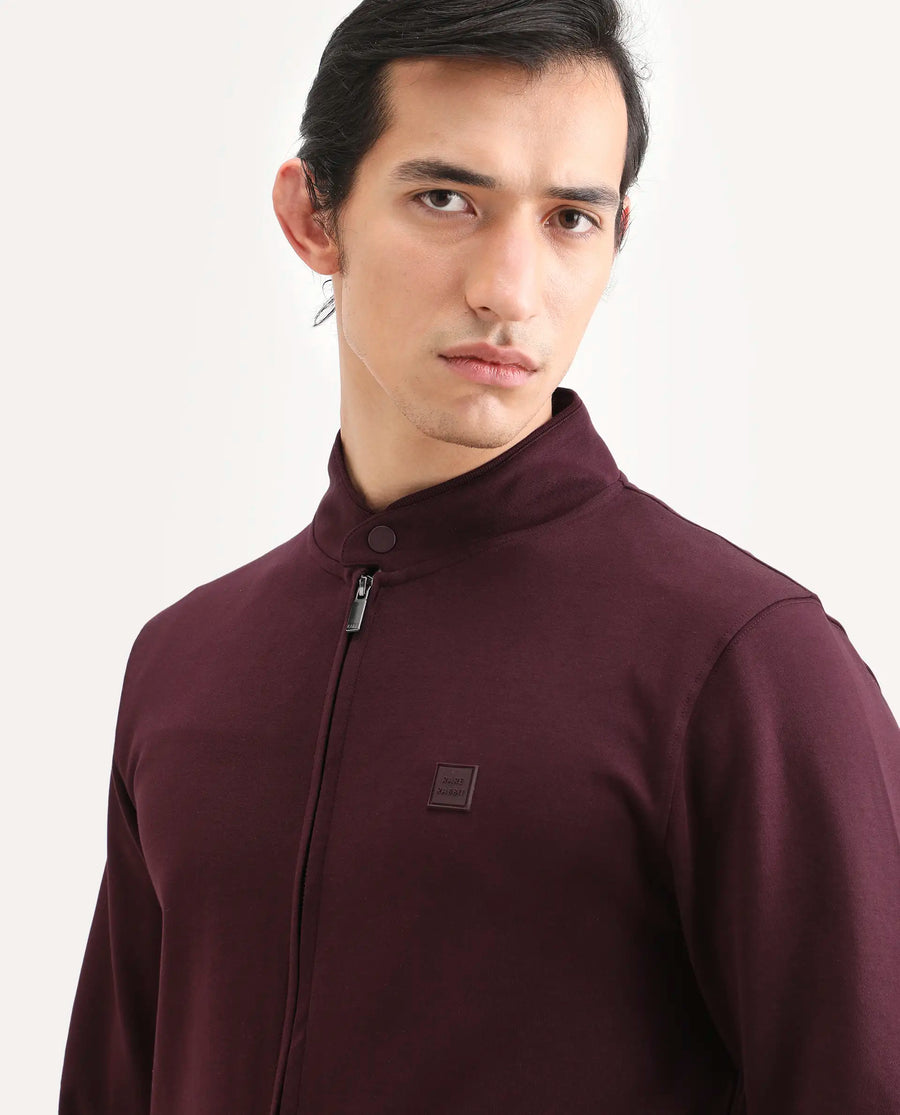 Rare Rabbit Men's Morris-25 Dark Maroon Cotton Blend Plain Regular Fit Full Sleeve Mandarin Collar Jacket