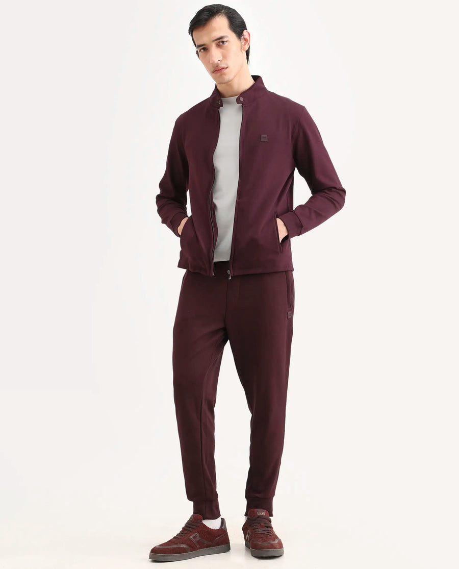 Rare Rabbit Men's Morris-25 Dark Maroon Cotton Blend Plain Regular Fit Full Sleeve Mandarin Collar Jacket