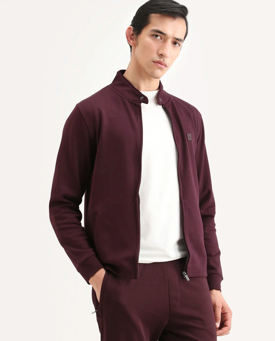 Rare Rabbit Men's Morris-25 Dark Maroon Cotton Blend Plain Regular Fit Full Sleeve Mandarin Collar Jacket