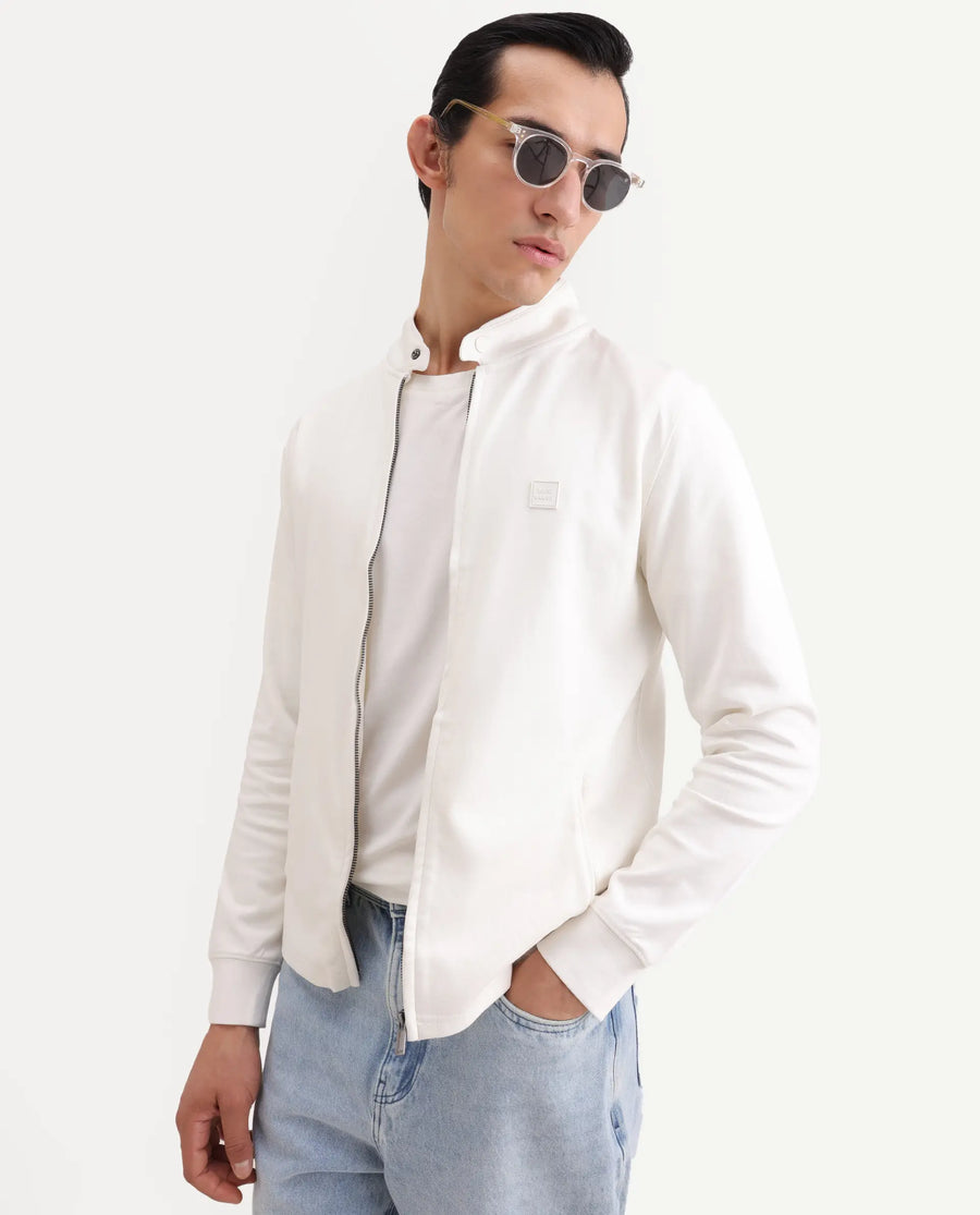 Rare Rabbit Men's Morris-25 Off White Cotton Blend Plain Regular Fit Full Sleeve Mandarin Collar Jacket