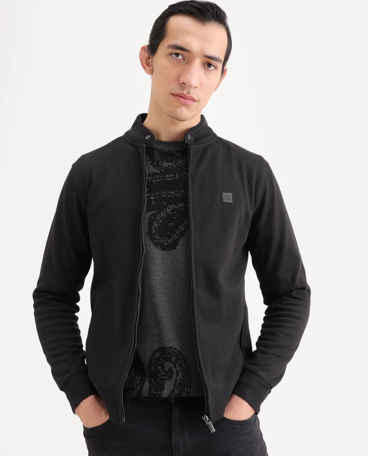 Rare Rabbit Men's Morris-25 Black Cotton Blend Plain Regular Fit Full Sleeve Mandarin Collar Jacket