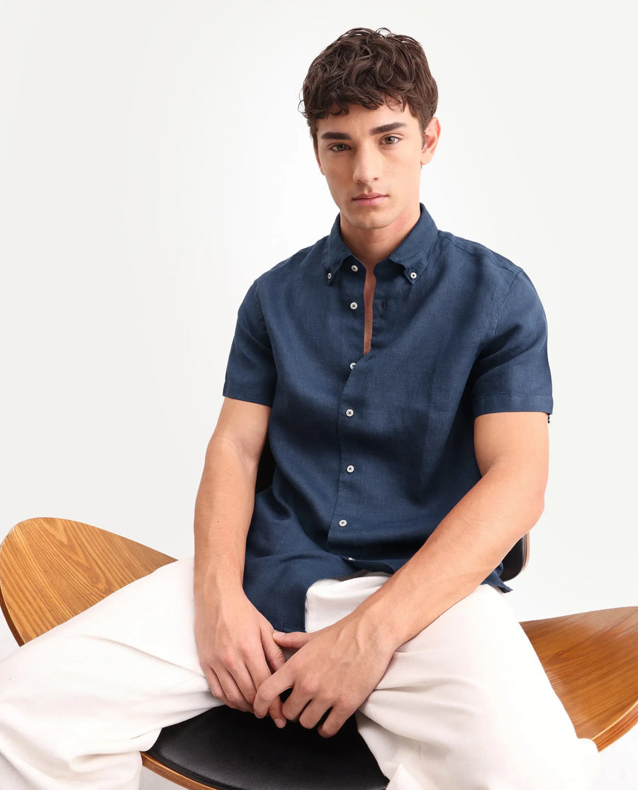 Rare Rabbit Men's Poist Navy 100% Linen Plain Regular Fit Half Sleeve Collared Shirt