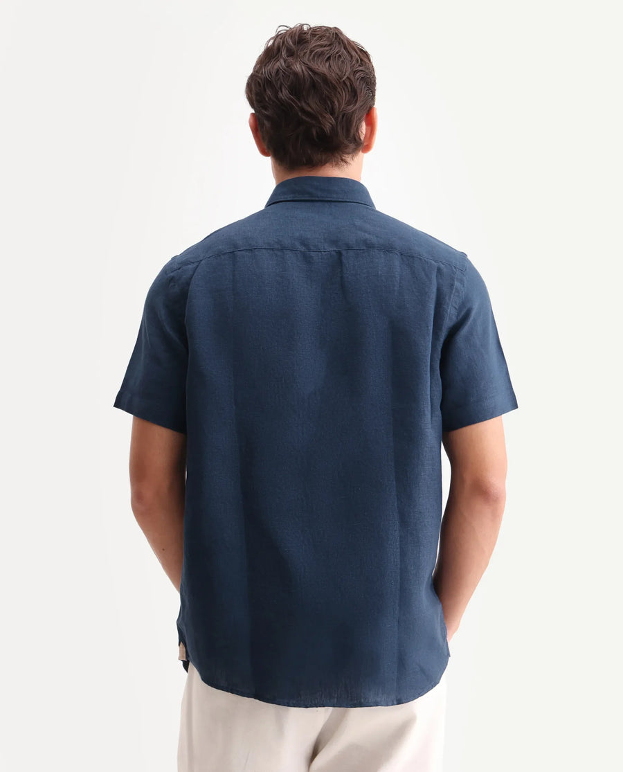 Rare Rabbit Men's Poist Navy 100% Linen Plain Regular Fit Half Sleeve Collared Shirt