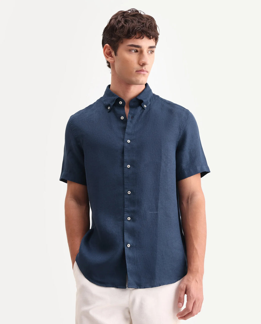 Rare Rabbit Men's Poist Navy 100% Linen Plain Regular Fit Half Sleeve Collared Shirt
