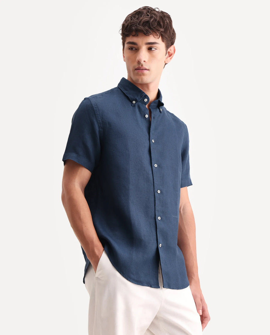 Rare Rabbit Men's Poist Navy 100% Linen Plain Regular Fit Half Sleeve Collared Shirt