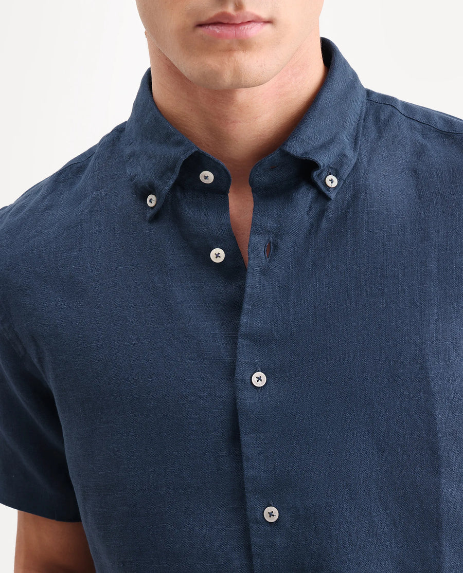 Rare Rabbit Men's Poist Navy 100% Linen Plain Regular Fit Half Sleeve Collared Shirt