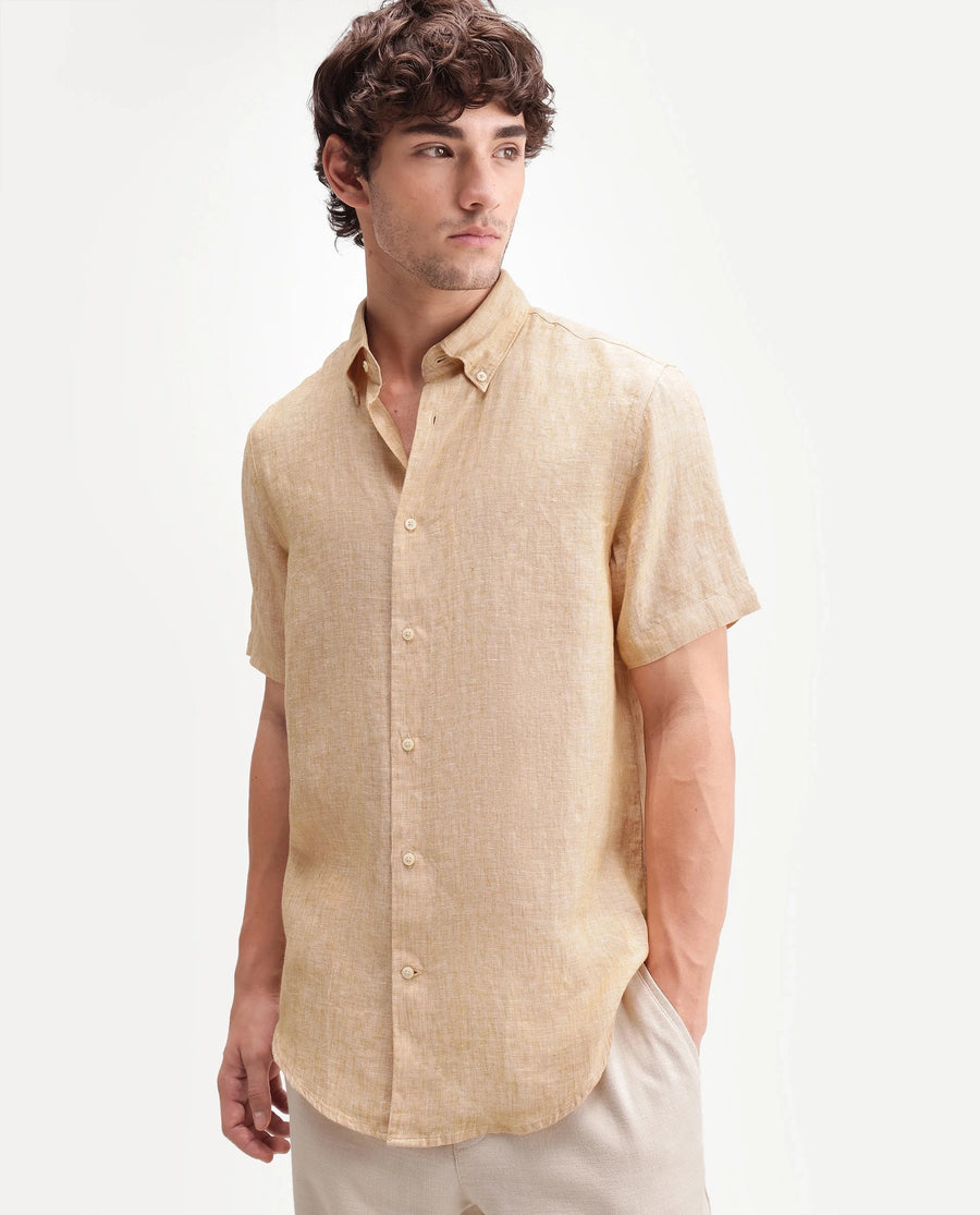 Rare Rabbit Men's Poist Dusky Yellow Linen Plain Regular Fit Half Sleeve Collared Shirt