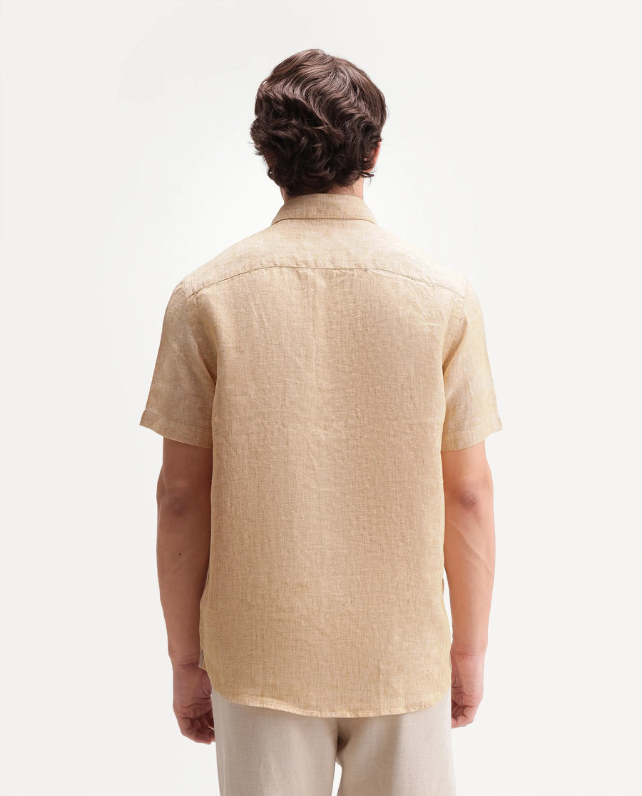 Rare Rabbit Men's Poist Dusky Yellow Linen Plain Regular Fit Half Sleeve Collared Shirt
